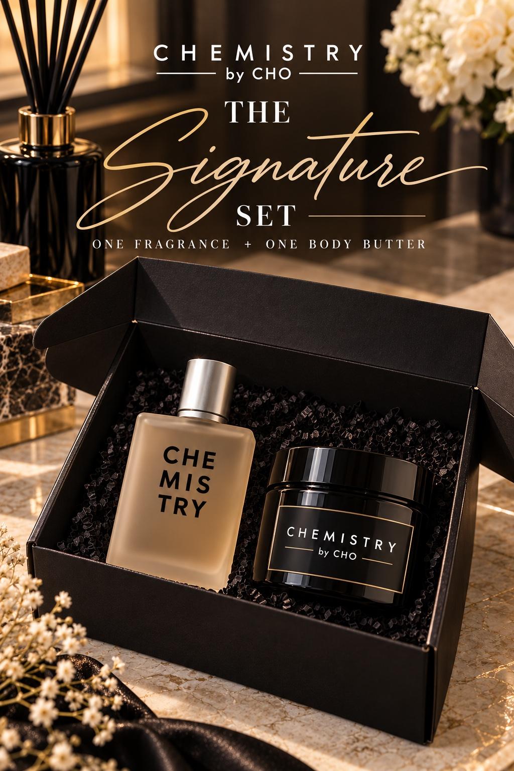 Chemistry Signature Set — a fragrance and a body butter in a black gift box